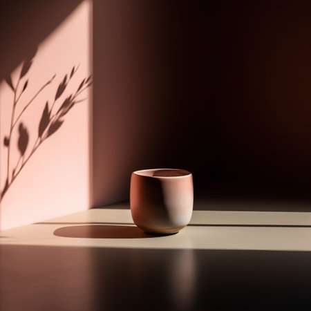 3d render of brown ceramic vase with shadow on the wallの素材