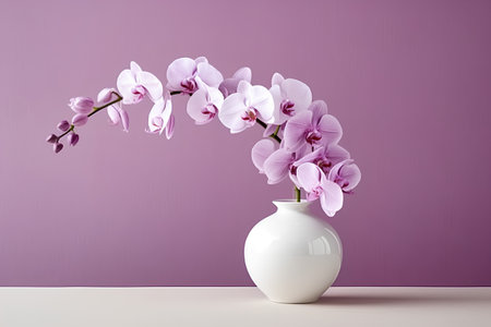 White vase with purple orchid flowers on a pink background.の素材