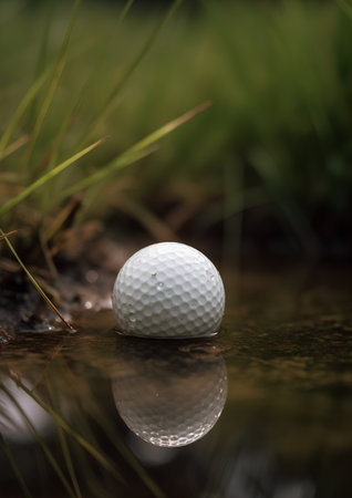 Golf ball on the sand in the course with reflection in waterの素材