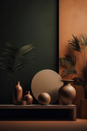 Minimalist interior design, 3d render, brown and orange tones, simple geometric shapesの素材