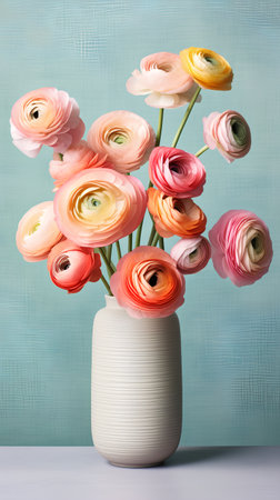 Bouquet of ranunculus flowers in vase on blue backgroundの素材