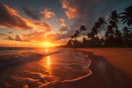 Beautiful sunset on the beach with palm trees. 3d renderの素材