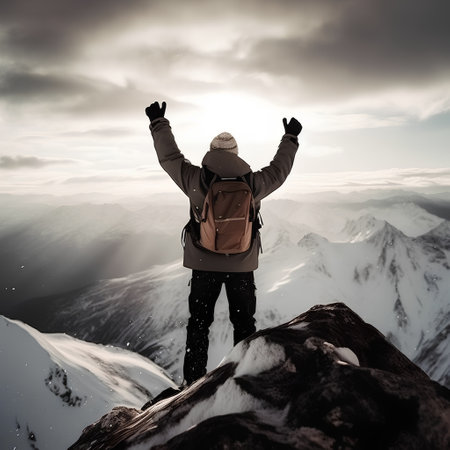 Hiker standing on the top of the mountain with raised hands.の素材