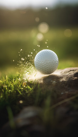 Golf ball on green grass with bokeh sun light.