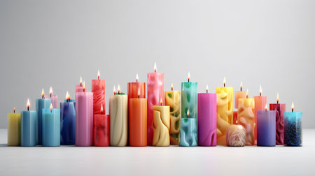3d rendering of multicolored wax candles in front of grey backgroundの素材