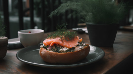 Sandwich with smoked salmon, cream cheese and dill on a wooden tableの素材