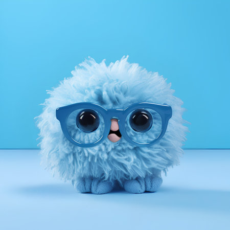Funny blue sheep with glasses on blue background. 3D rendering.の素材