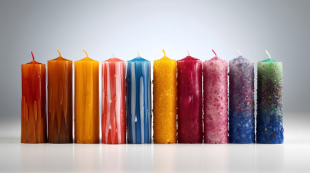 Colorful wax candles isolated on grey background. 3D illustration.の素材
