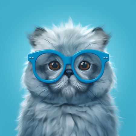 Cute cat in blue glasses. Blue background. 3d renderingの素材