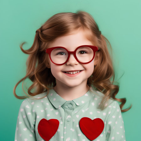 Portrait of a cute little girl in red glasses on a green background.の素材