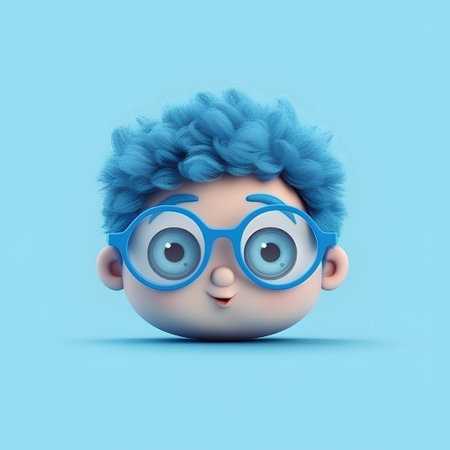 Cartoon boy with blue hair and glasses. 3d illustration.の素材