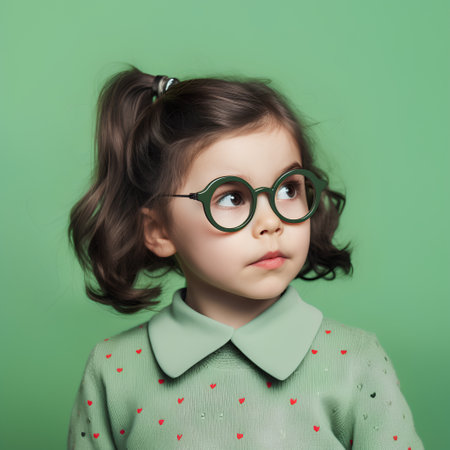 Cute little girl in glasses on a green background. Kid's fashion.の素材
