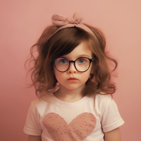 Portrait of a little girl in glasses on a pink background.の素材