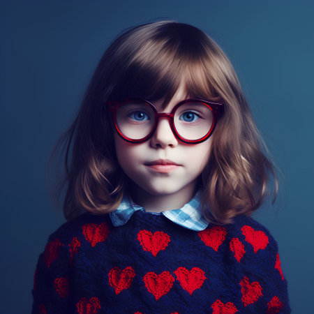 Cute little girl in red glasses and sweater. Studio shot.の素材