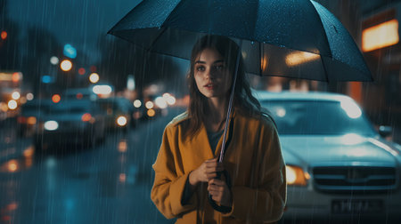 Young woman with umbrella in the rain. Rainy city street background.の素材
