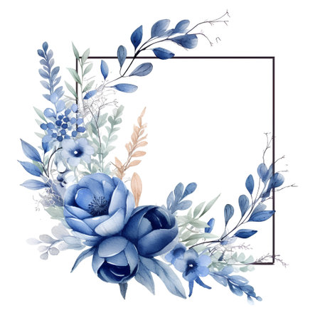 Watercolor floral frame with blue flowers and leaves. Hand drawn illustration.の素材