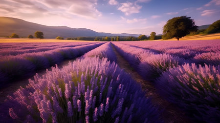 Beautiful sunset over lavender fields in Provence, Franceの素材