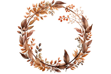 Watercolor autumn wreath with branches and leaves. Hand painted illustration on white backgroundの素材