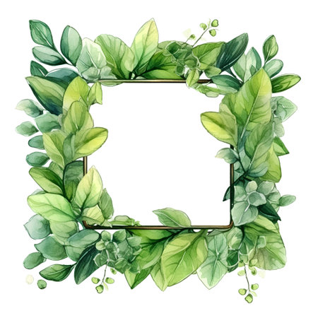 Watercolor frame with green leaves isolated on white background. Hand drawn illustrationの素材