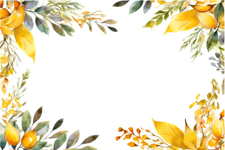 Watercolor floral wreath with yellow leaves and branches. Hand painted illustration.の素材
