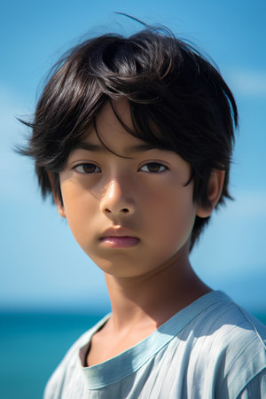 Portrait of a boy on the beach. Selective focus.の素材