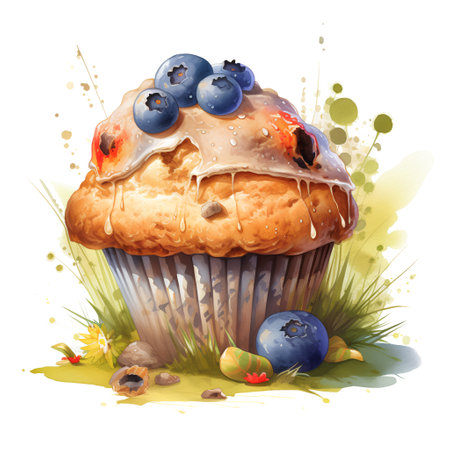 Hand drawn watercolor illustration of a muffin with blueberries.の素材