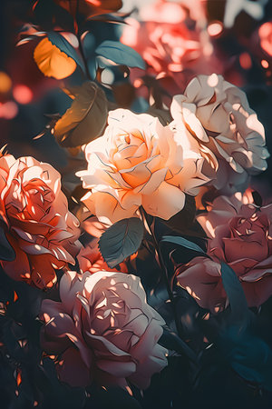 Beautiful roses in the garden. Vintage style toned picture.の素材