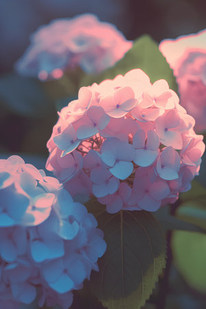 Pink hydrangea flowers in the garden. Vintage tone.の素材