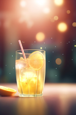 Glass of lemonade with ice cubes and straw on bokeh backgroundの素材