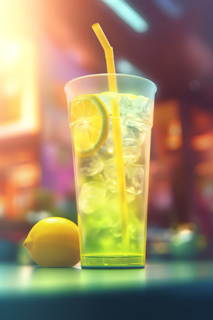 Cocktail with ice and lemon on the bar background. 3d renderingの素材