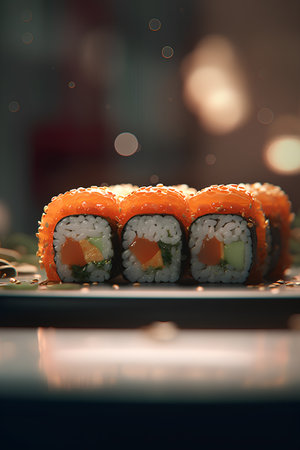 Sushi roll with salmon, avocado, cucumber, cream cheese and cream cheese.の素材