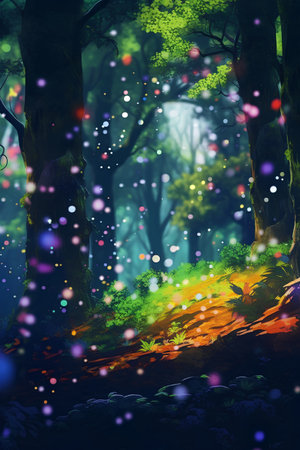 Fantasy forest with colorful lights and trees. 3d illustration.の素材