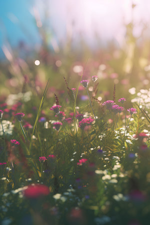 summer meadow with flowers and sun flare - vintage filter effectの素材