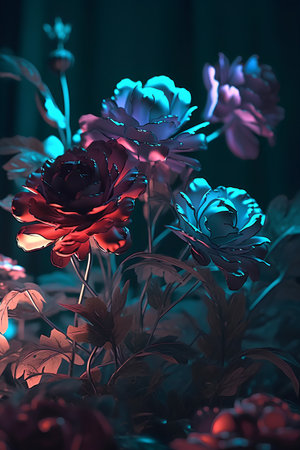 3D illustration of a blue and red peony flower in a dark roomの素材