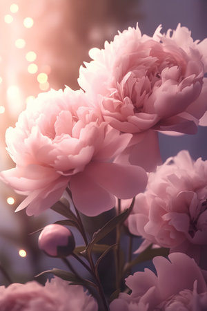 Beautiful pink peony flowers with bokeh lights background.の素材