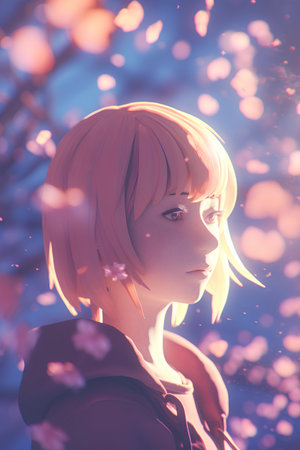 Portrait of a beautiful girl with pink hair and cherry blossomの素材