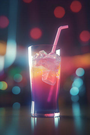 Cocktail with ice cubes and straw on blurred background. 3D Renderingの素材