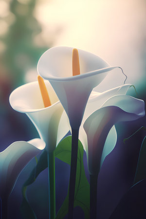 Beautiful white calla lily flowers on blurred nature background.の素材