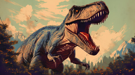 Dinosaur Tyrannosaurus Rex in the forest. 3d illustration.の素材