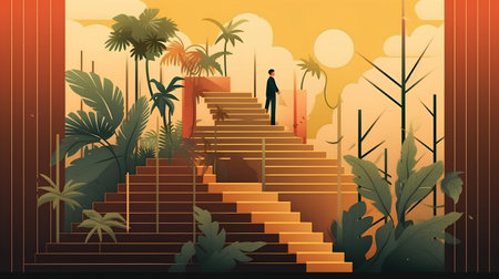 Conceptual illustration of a man climbing the stairs to the jungleの素材