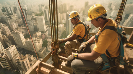 Two construction workers are working on the construction of a high-rise building.の素材