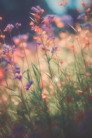 Colorful flowers in the meadow. Nature background. Vintage filter.の素材