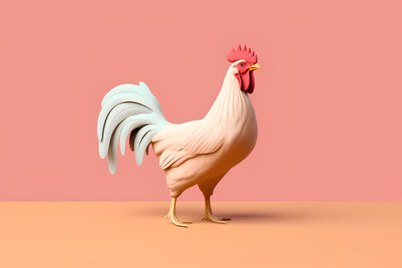 3d rendering of a rooster isolated on a pastel pink backgroundの素材