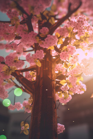 Cherry blossom tree with pink flowers in spring time. Vintage tonedの素材