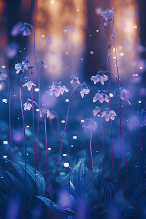 Beautiful blue spring flowers in the forest with bokeh lightsの素材