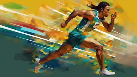 Digital illustration of a male runner running in a track and field competitionの素材