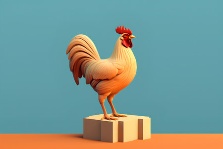 Rooster on pedestal. 3d render illustration isolated on blue backgroundの素材