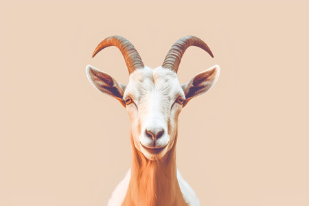 Portrait of a goat with horns on a beige background.の素材