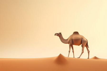 3d rendering of a camel standing in a desert with orange backgroundの素材