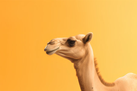 Portrait of a camel on a yellow background. Copy space.の素材